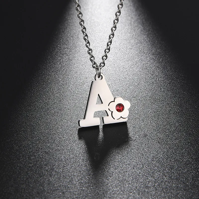 Stainless Steel 26 Letters Necklace Flower Alphabet Pendant with Red Stone Choker Necklace Initial Single Name Necklace Jewelry