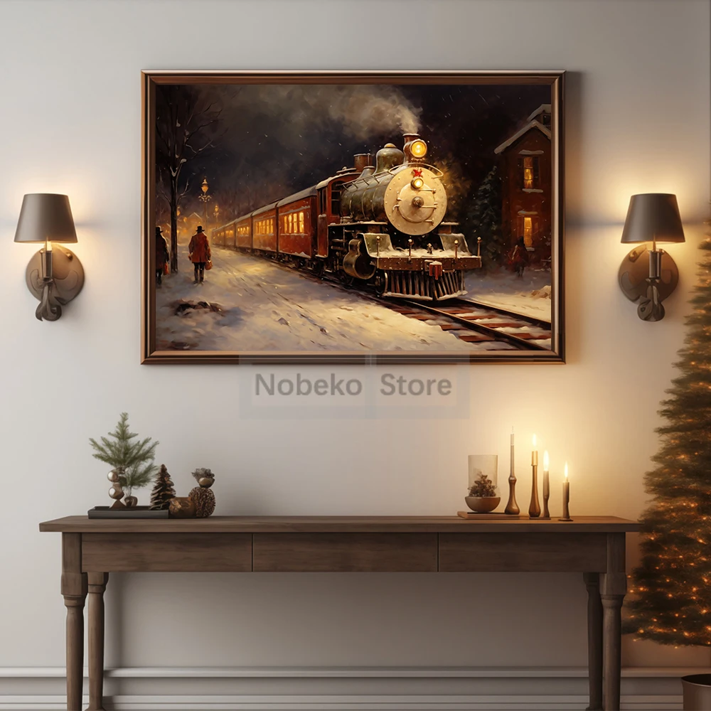 عيد الميلاد القطبية اكسبرس المشارك خمر الشتاء المشهد قطار عيد الميلاد يطبع حائط لوح رسم الفن غرفة المنزل العطلات ديكور