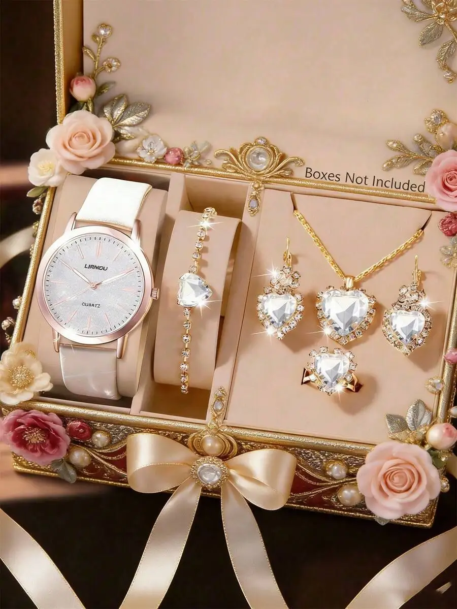 SOKI SOKI Mother's Day Women's Watch Set, 1 Set Includes Fashionable Delicate Round Dial Quartz Watch, Heart-Shaped Pendant