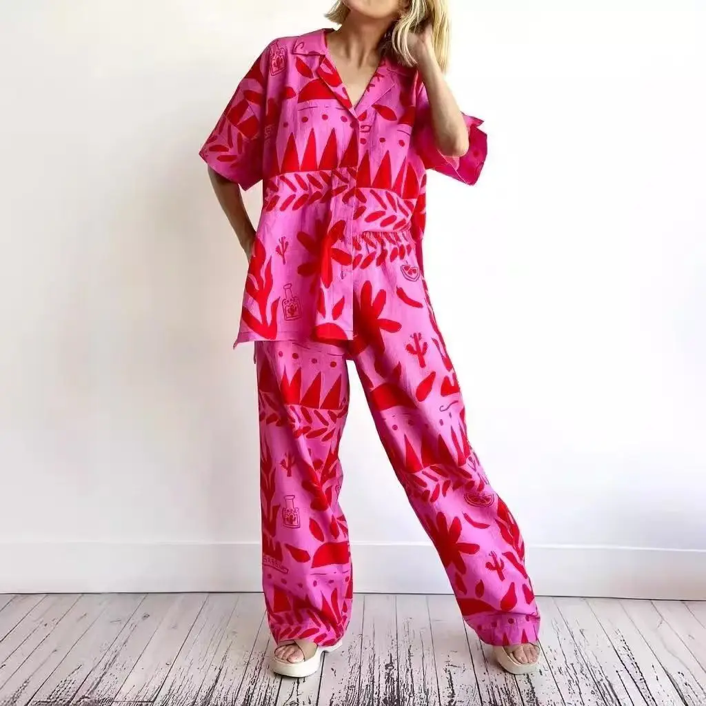 

Faionable Printed Loose ort Sve Top And Wide Leg Pants Two Piece Set Casual Women's Clothing Spring 2025 Polyester Fiber