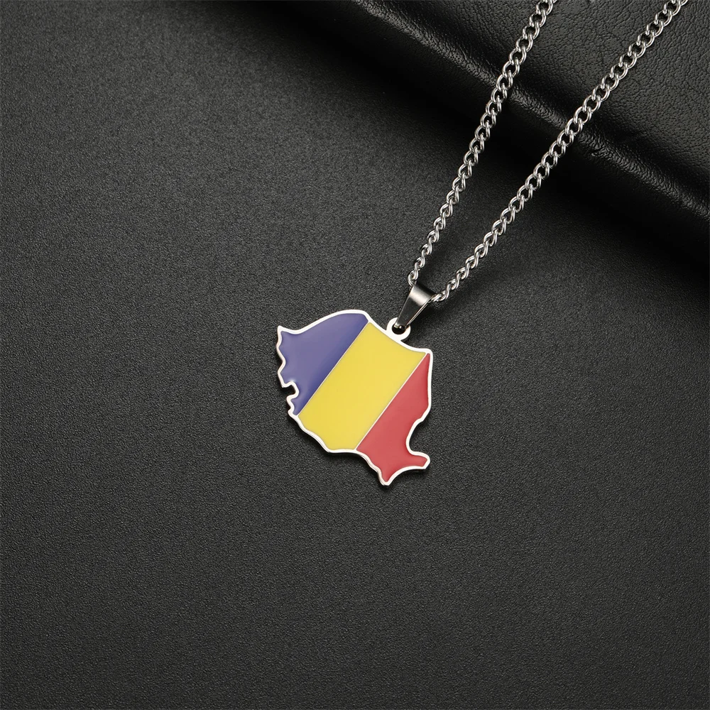 EUEAVAN Emaille Rumänien Karte Halskette Frauen Männer Edelstahl Trendy Rumänische Flagge Anhänger Ketten Halsband Ethnische Schmuck Geschenke – Detail 7