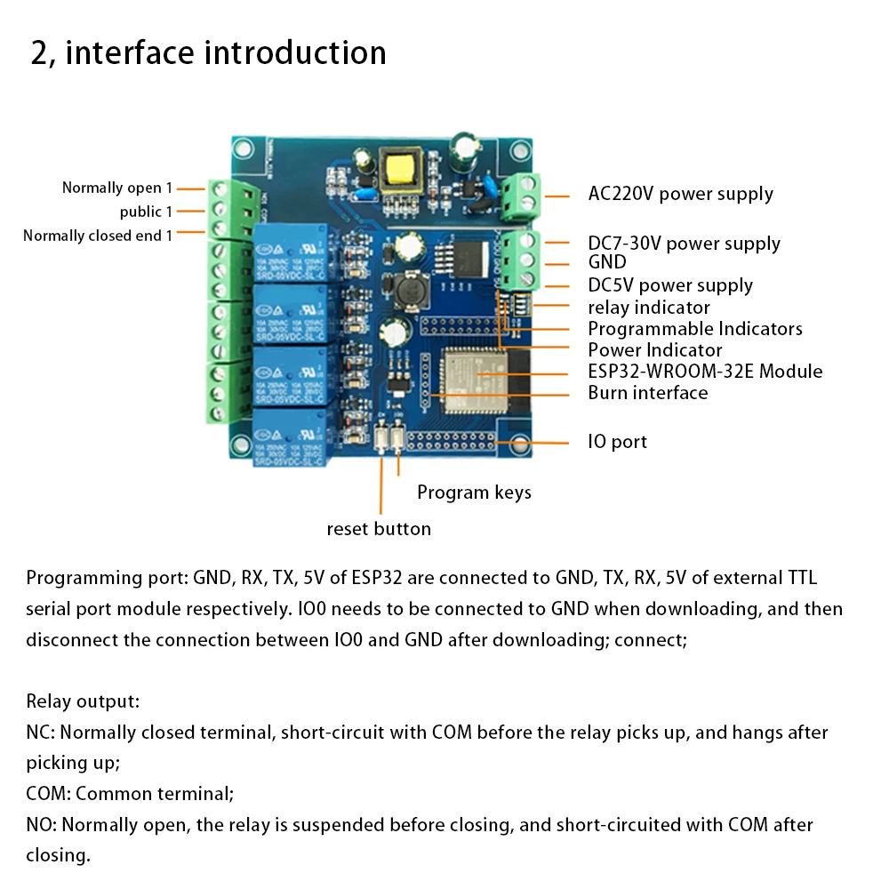 AC220V/DC5-30V 4Channel Relay Module ESP32-WROOM-32E WIFI Bluetooth BLE Development Boards Programmable and Resetable