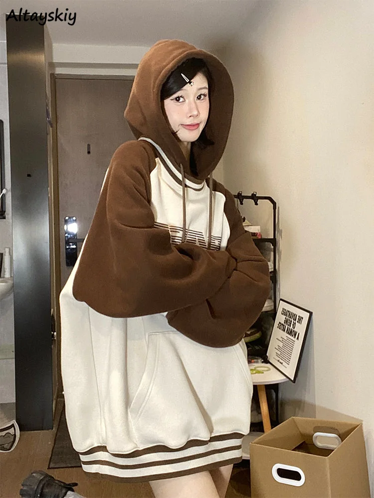 Hooded Sweatshirts Women Letter Printed Vintage Pockets Loose Casual Coats Outwear Soft Korean Style All-match Trendy Slouchy