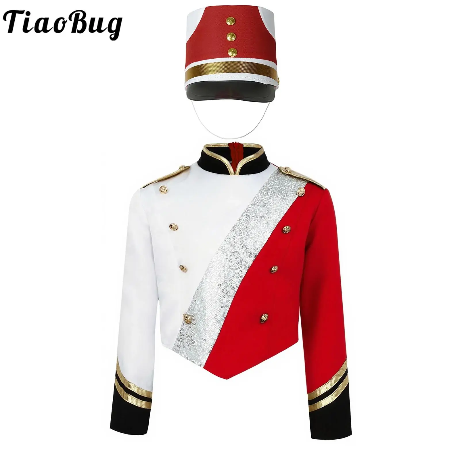 

Kids Boys Marching Band Performance Costume Lion Tamer Dress Up Sequins Color Block Long Sleeve Epaulets Coat and Matched Hat