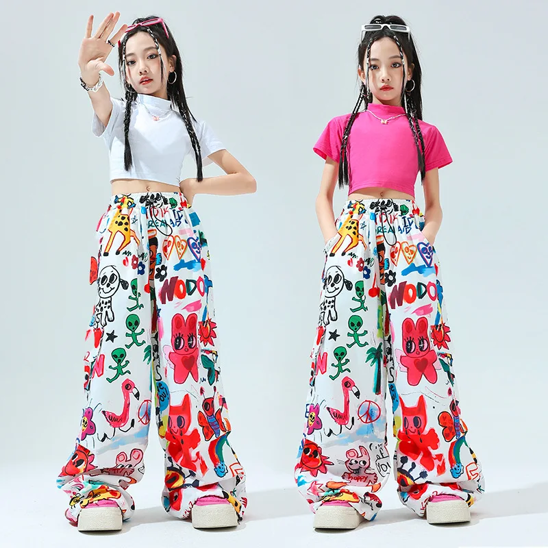 Kids Hip Hop Dance Performance Set Girls Hip Hop Jazz Stage Exposed Belly Button Clothes Graffiti Dancing Pants