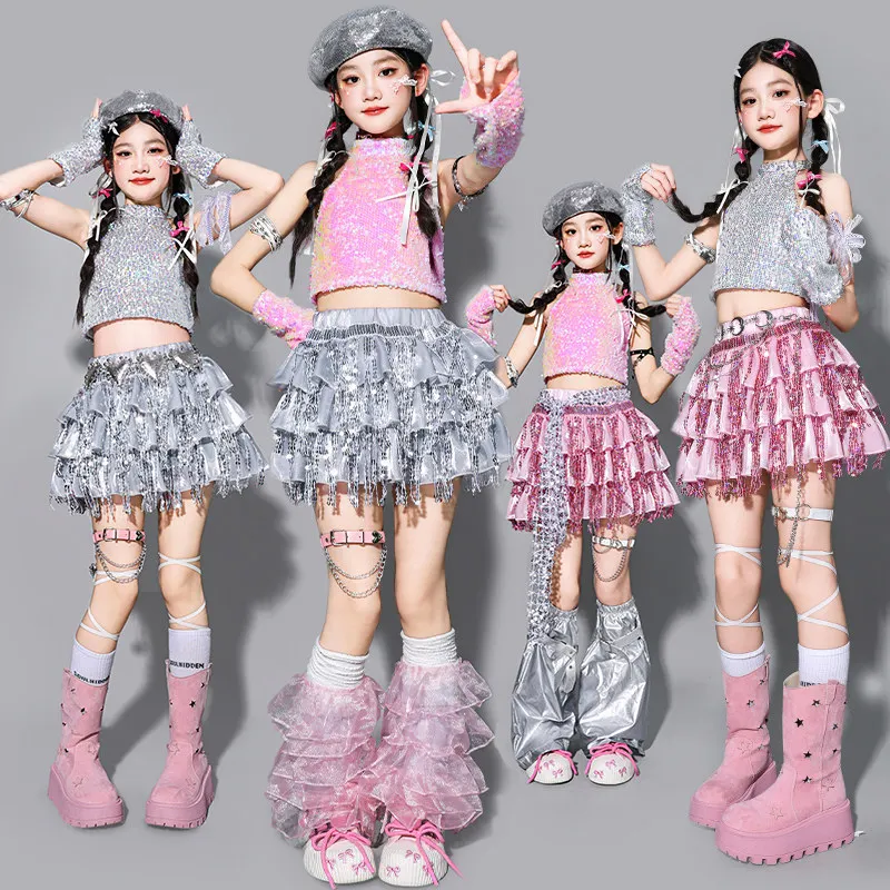 Hip Hop Girl Sequin Shiny Hoodies Silver Pleated Skirt Kids K-pop Crop Top Jazz Clothes Sets Child Girl Group Streetwear Costume