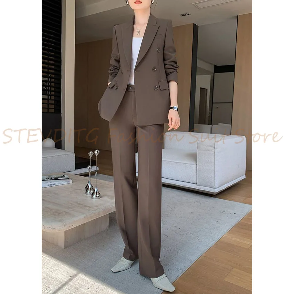 Chic Classic Suit Set Solid Color Double Breasted 2 Piece Jacket Pants Blazer Set Slim Fit Luxury Office Lady Female Clothing