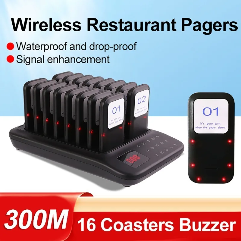 Wireless Restaurant Pagers Calling System 16 Coasters Meal Picker Set with Buzzer Vibrator Bell Receivers for Coffee Fast Food