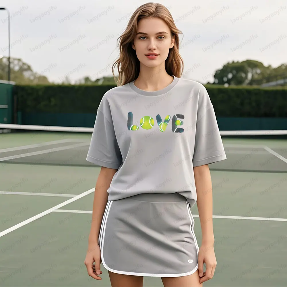 러브 테니스 셔츠 크리 에이 티브 수채화 테니스 프린트 셔츠 테니스 플레이어 여성 크루 넥 코튼 반팔 여름 캐주얼 티셔츠