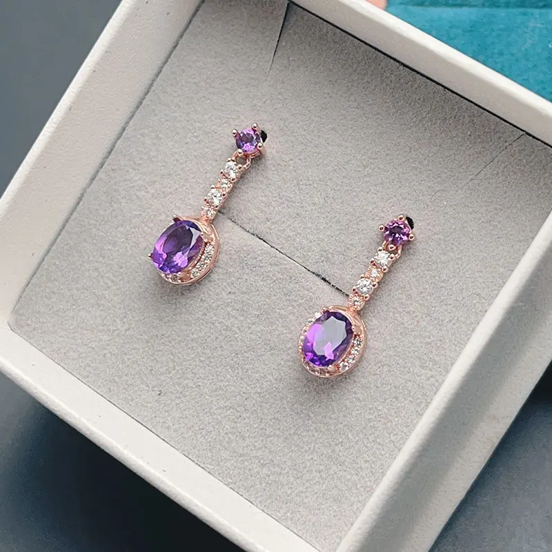 925 Silver Crystal Drop Earrings 5mm*7mm 3mm Natural Amethyst Earrings 925 Silver Jewelry with Certificate 18k Gold Plating