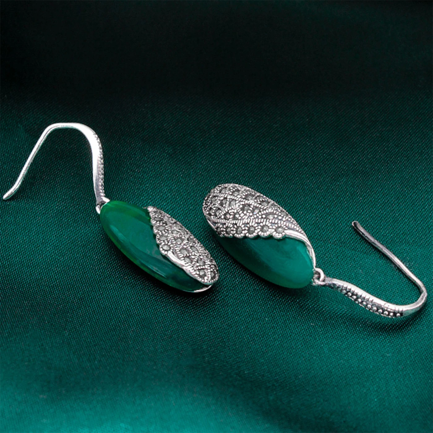 ﻿ ﻿ YYSuniee Thai Silver Solid 925 Sterling Silver Black Onyx Agate Green chalcedony  Drop Dangel Earrings for Women's Jewelry