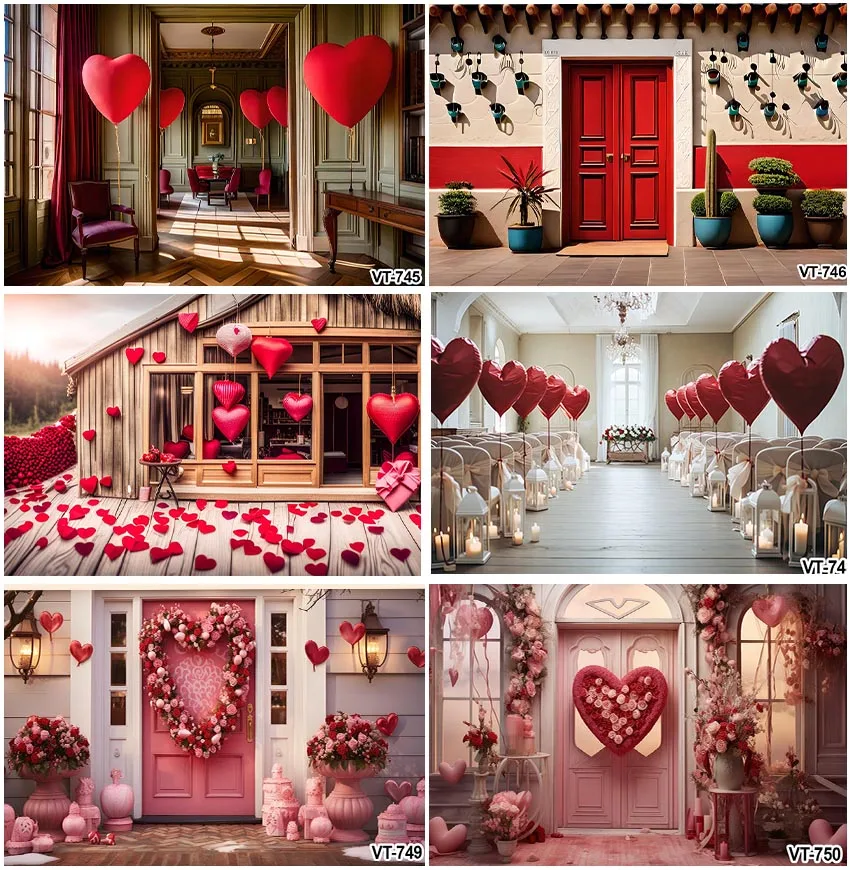 Valentine's Day Red Love Heart Balloons Interior Decoration Backdrops Flowers Pink Door Wedding Ceremony Photography Backgrounds