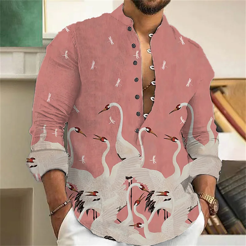 2024 Summer Men's V-neck Long Sleeve T-shirt Casual Japanese Art Plum Blossom Print Linen Blend Hawaiian Beach Shirt