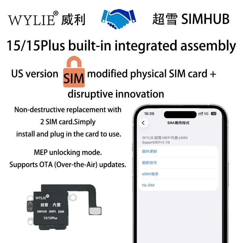 

WYLIE SIMHUB MEP: Встроенный слот для карт, поддержка Dual SIM и eSIM, стабильный сигнал 5G, OTA-обновление для iPhone 12-17 (версия для США)