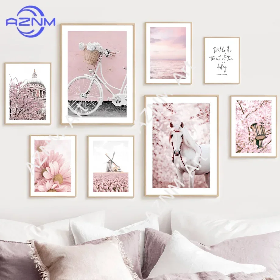 Wall Art Canvas Painting Pink Paris bicycle Orchid Peony Horse Windmill Quotes Posters And Prints Wall Pictures For Living Ro