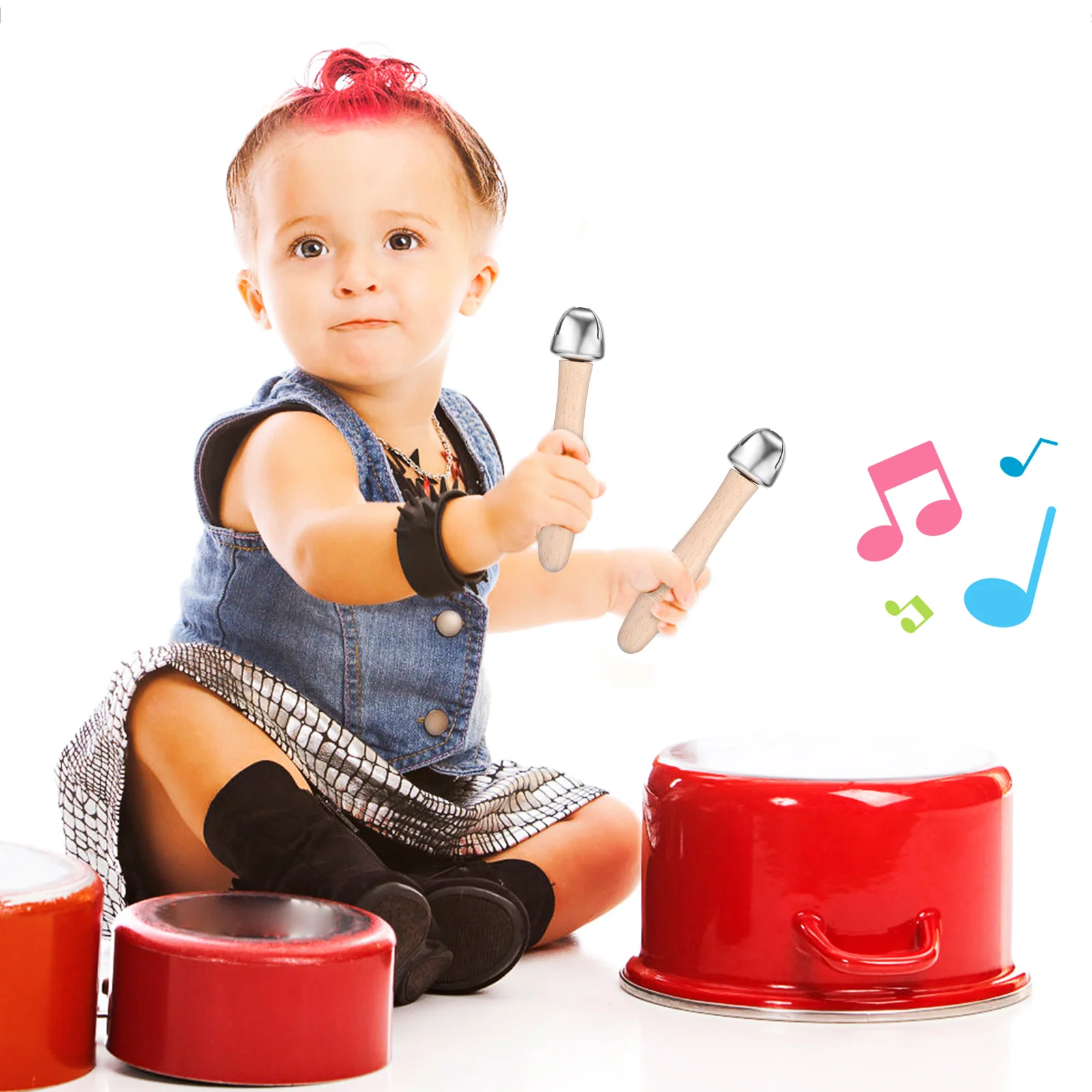 8-teilige und eine Glocke, Rassel, Halbmondförmige Fünf-Ling-Hand-Jingle-Glocken, Hufeisen-Holzschüttler, Metall, Kind