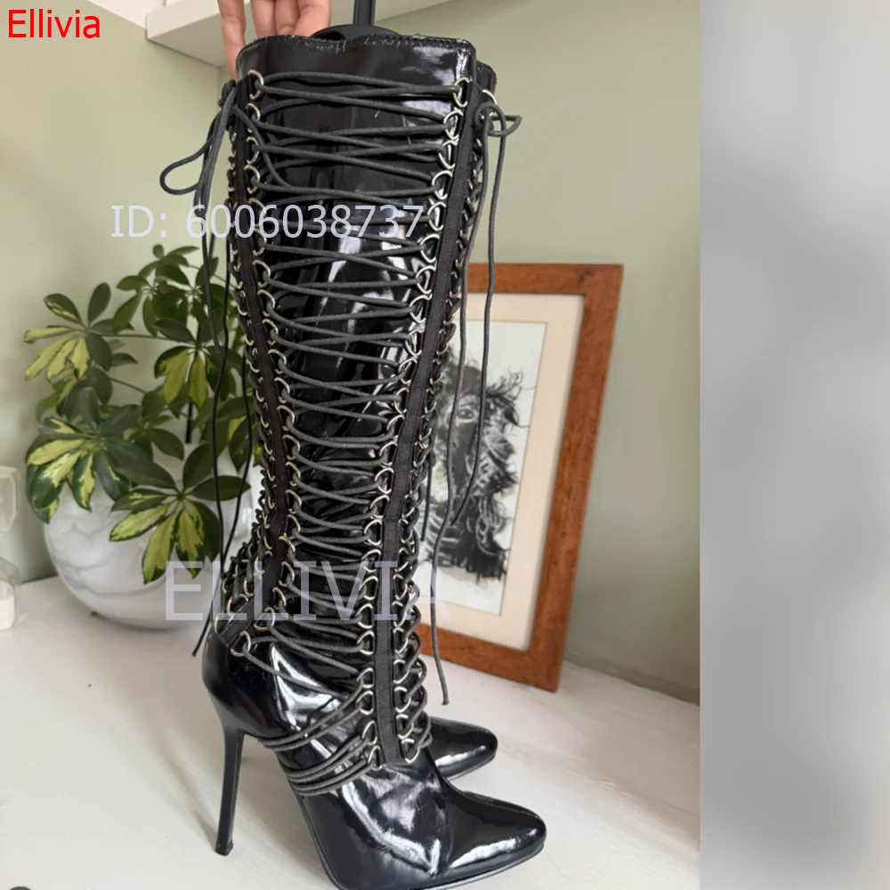 Women Patent Leather Knee High Boots Pointed Toe Stiletto High Heel Lace Up Metal Ring Decor Fashion Runway Party Ladies Boots