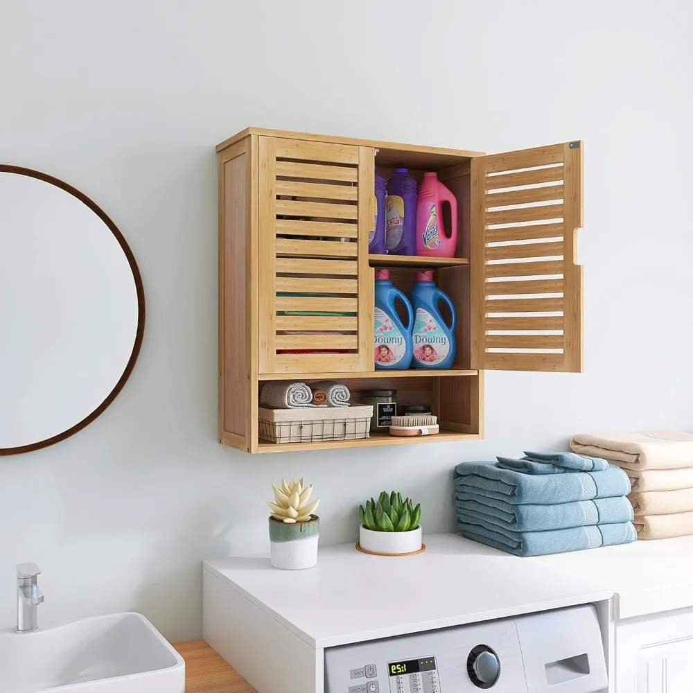 

Bathroom Cabinet Wall Mounted, Bamboo Over-The-Toilet Storage Organizer, Space Saver Medicine Cabinet 2 Door and Adjustable