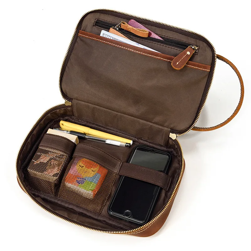 Retro Crazy Horse Leather Toiletry Bag, Genuine Cowhide Travel Organizer Cosmetic Makeup Bag for Men Women