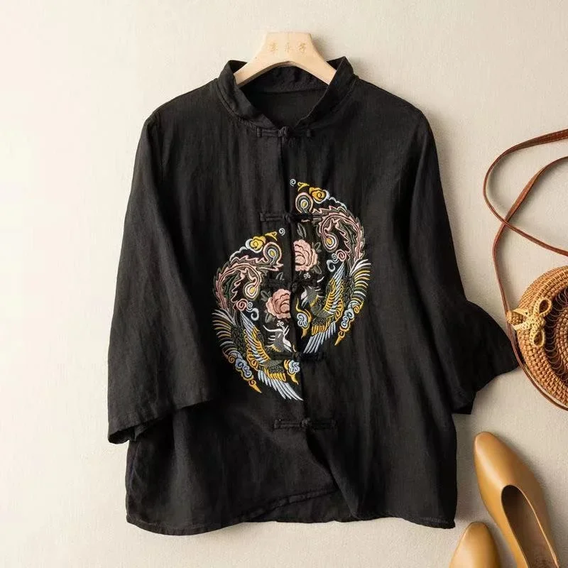 Retro Ethnic Brand Quality Embroidery Cotton Linen Shirts Tops Women Blouses Disc Buttons Stand-up Collar Loose Large Size Shirt