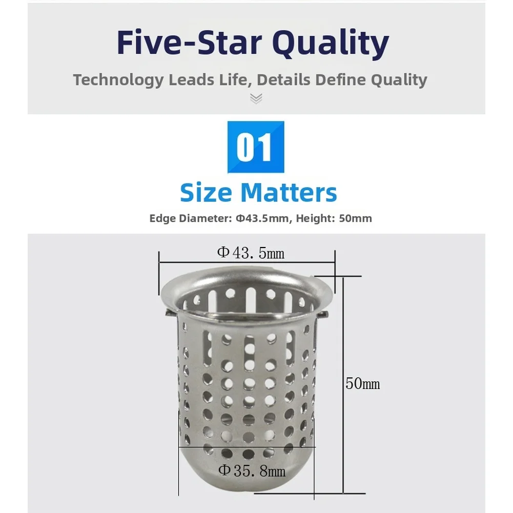 Stainless Steel Sink Filter Basket 43mm Inner Diameter For Mop Pool Drain Replacement Strainer 50mm Height Filter Mesh
