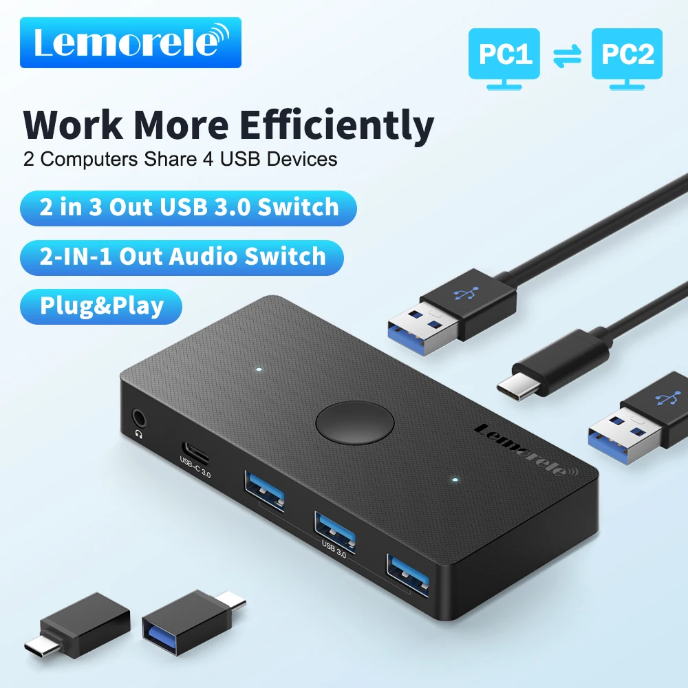Lemorele H100 USB KVM Switch USB 3.0 Switcher KVM Switch for Windows10 PC Keyboard Mouse Printer 2 PCs Sharing 3 Devices USB Swi