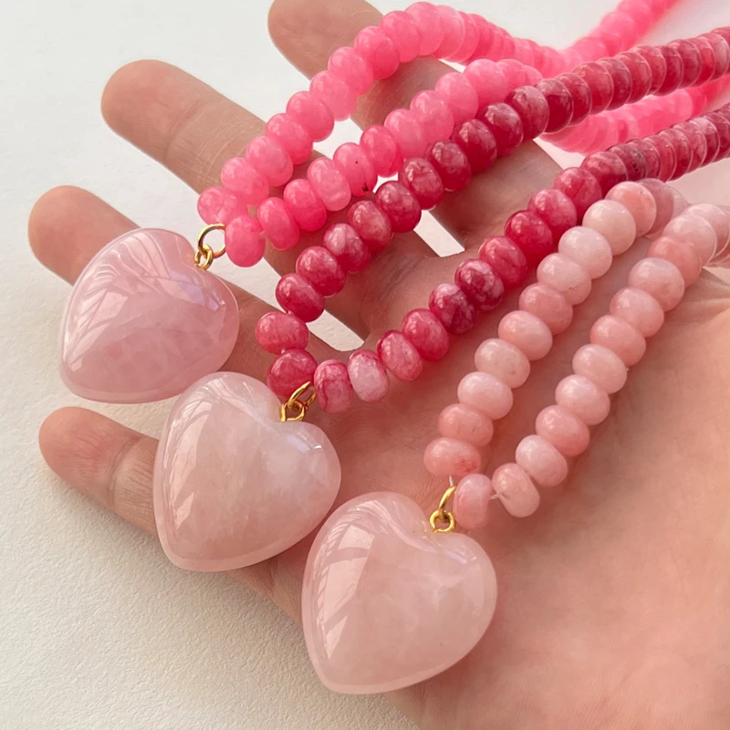 Collares con colgante de corazón de amor de piedra rosa Natural de 30mm para mujer, collar hecho a mano con cuentas de piedra semipreciosa, joyería de verano