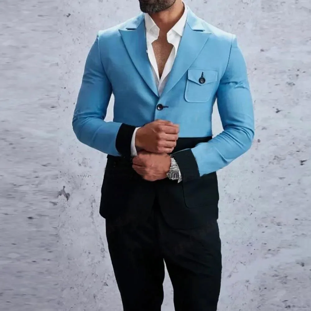 

Tailor-made Fashion Sky Blue Black Formal Suits for Men Party Blazer Pants 2 Pieces Slim fit Prom Wedding Groom Tuxedo Set