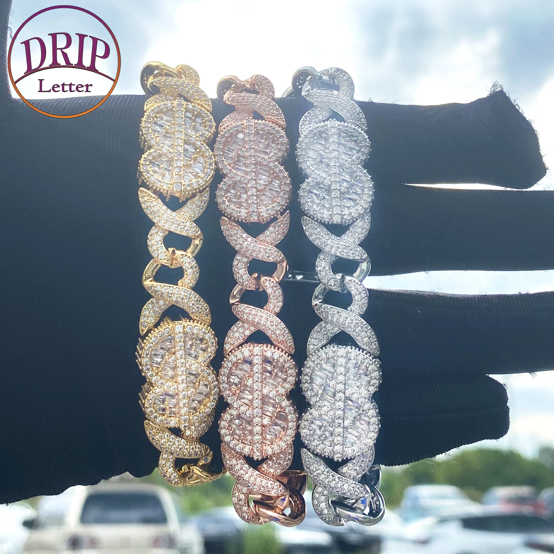 Drip Letter Inifinity Cuban Link Bracelet for Women Iced Out Baguette Real Copper Gold Plated Hip Hop Jewelry