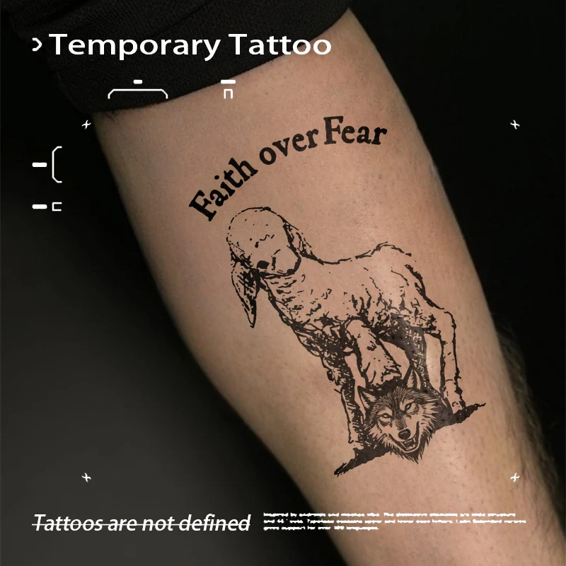 

Semi Permanent Religious Wolf Tattoo Waterproof Herbal Juice Temporary Tattoos Fake Tattoo Stickers for Arm Faith Over Fear Art