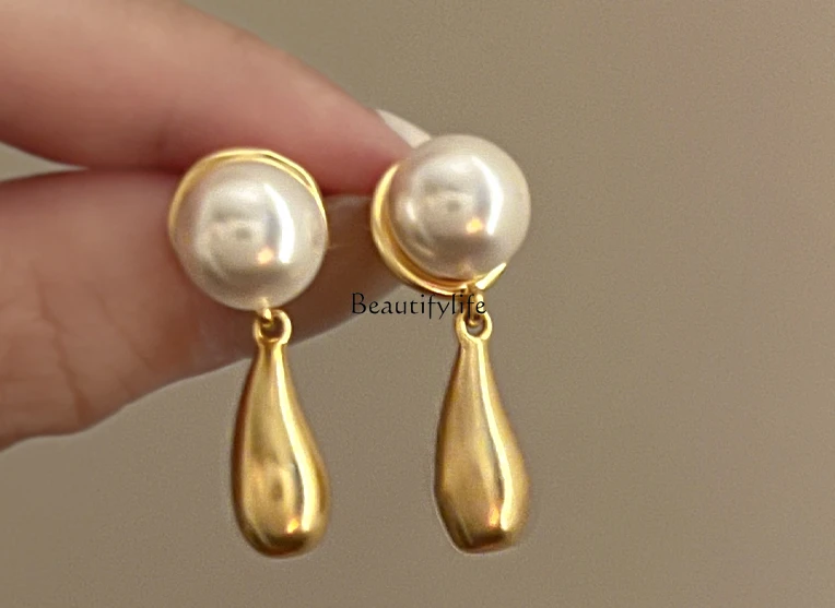 Vintage Pearl Metal Water Drop Earrings Light Luxury High Sense Special-Interest Design Simple Temperament