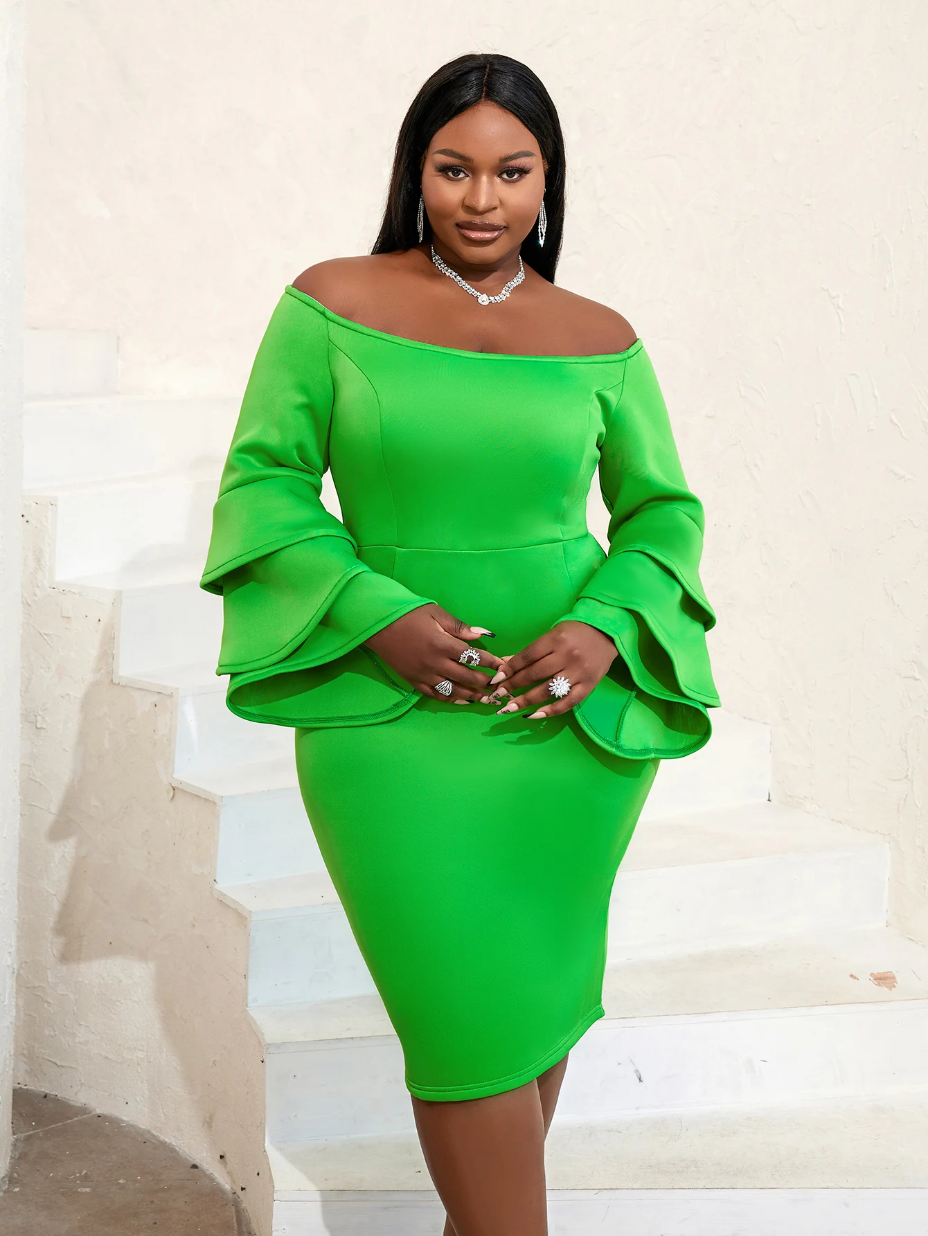 

AOMEI Green Dress Women Party Off Shoulder Flare Sleeve Sexy Christmas Bodycon Pencil Midi African Party Event Birthday Robe New