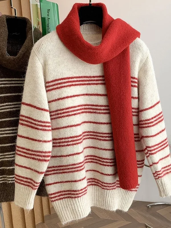 

Women's Lazy Sle Striped round Ne Knitwear Long Sve Warm Top with Scarf Large Size Casual Loose Fit Winter Faion