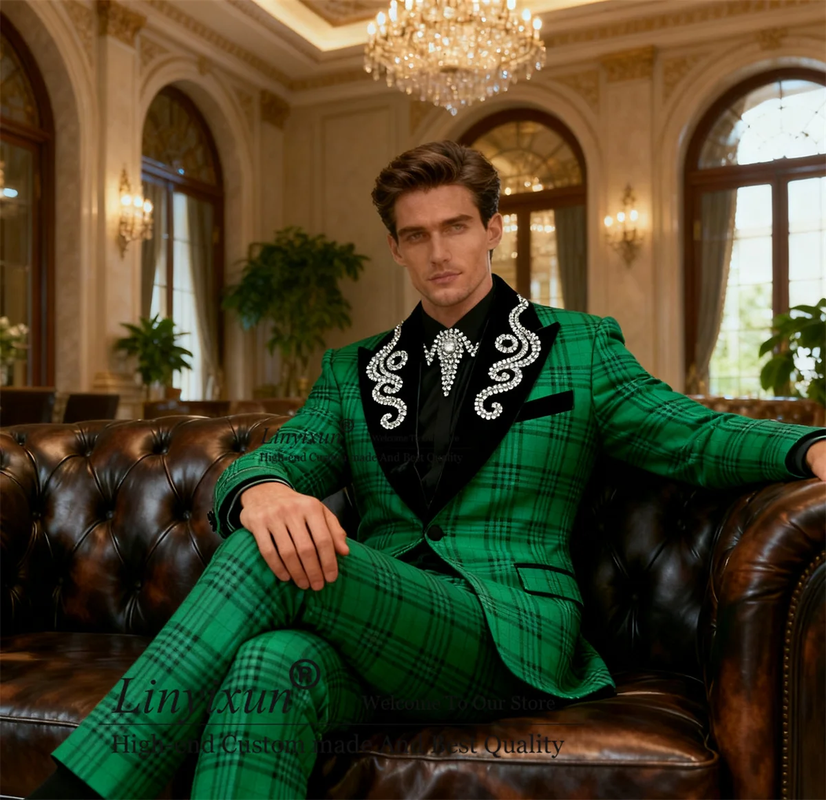 

Glitter Rhinestone Lapel Wedding Suits For Men 2 Pieces Sets Groom Fashion Plaid Blazers Customized Slim Fit Tuxedos Ropa homre