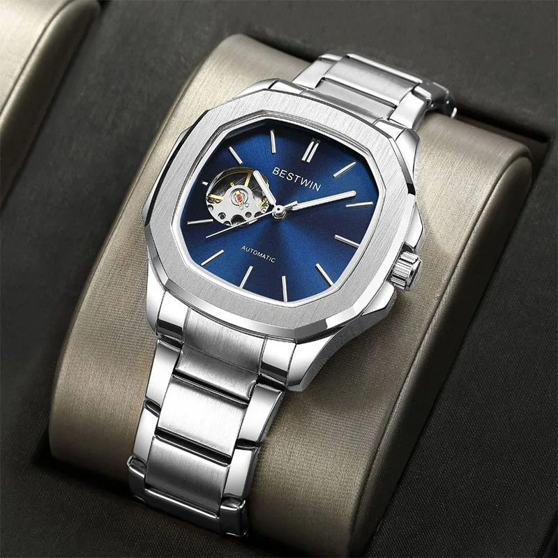 Fashion Bestwin Top Brand Men's Luxury Automatic Mechanical Watch Skeleton Design Full Stainless Steel Night Light Business