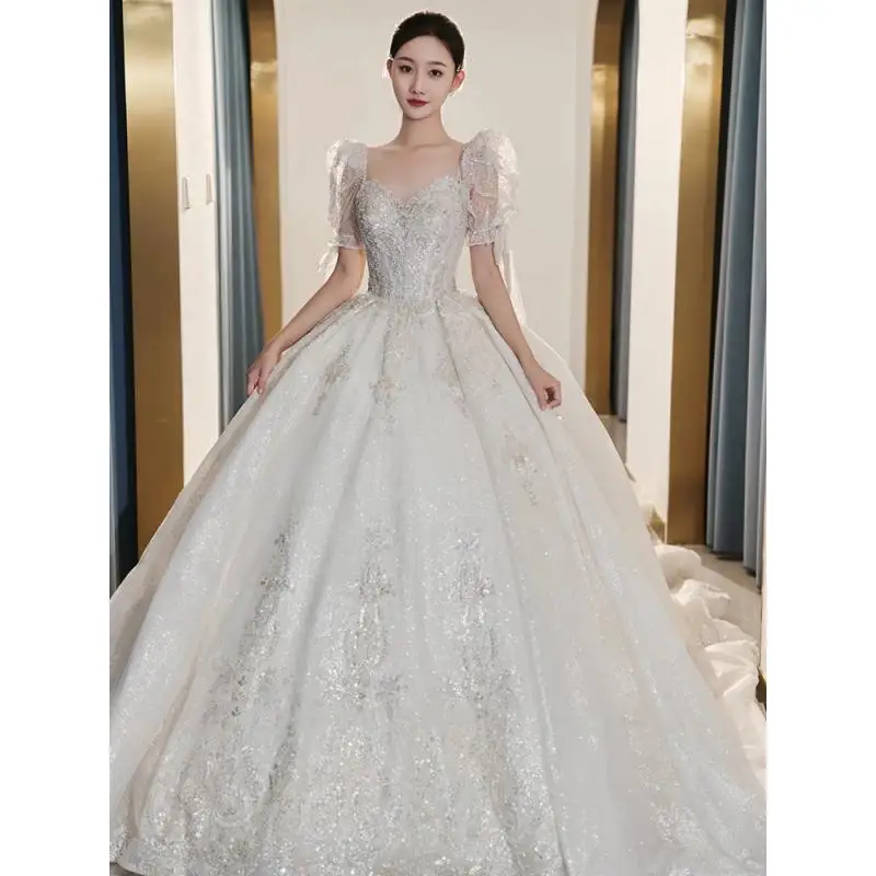 French Light Wedding Dress With Half Sleeves High-end Small Dress For Pregnant Women Plus Size Simple Fluffy Skirt  Customized