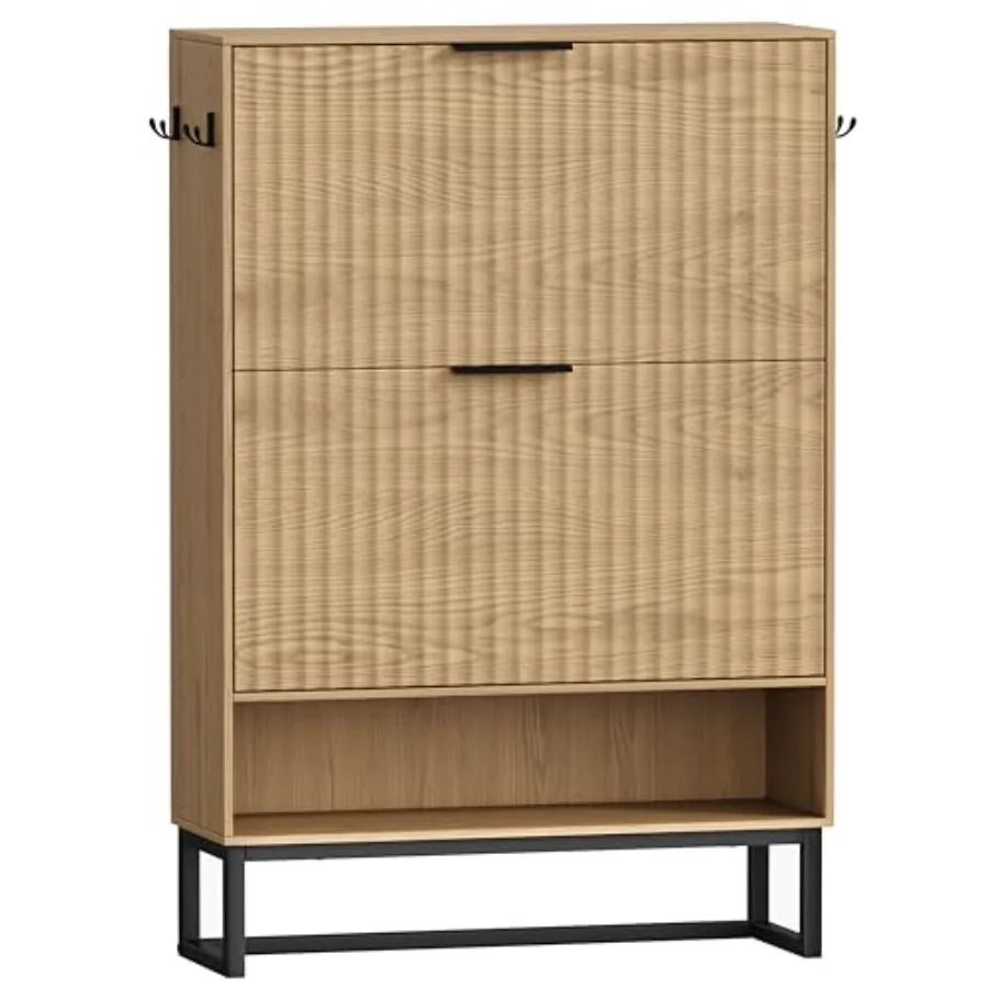

31.5 W Fluted Shoe Storage Cabinet with Metal Legs Narrow Shoe Organizer in Natural Oak 2 Flip Drawers Ideal for Entryway Hallw