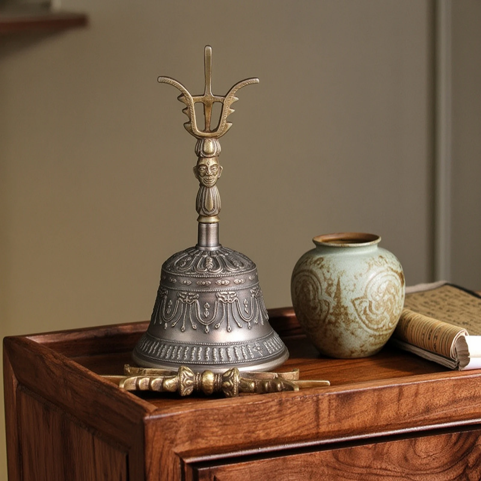 Bronze Ritual Bell Handmade Hand Bell with Striker Engraved Antique Style for Buddhists, Altar, Meditation