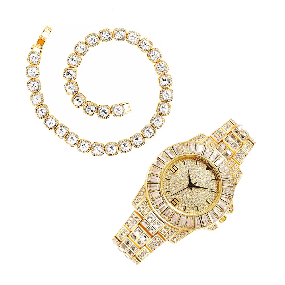 Hip Hop Tennis Link Chain Bling Paved CZ Iced Out Watch for Men Women Gold Fashion Jewelry Mens Choker Necklace Bracelet