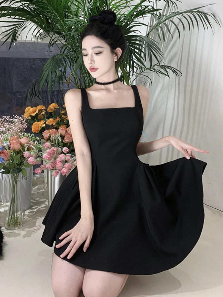 Frauen Kleidung Y2K Schwarz Sexy Strap Square Neck Schlank A-Line Mini Kurzes Kleid Elegante Dame Mode Abend Party Prom Vestidos Neue