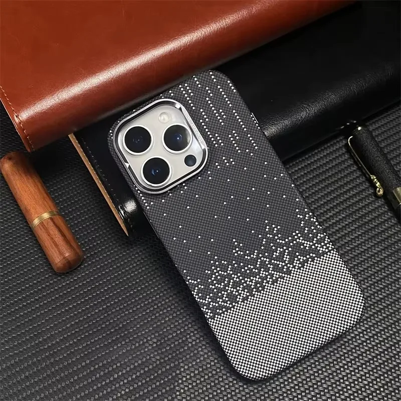 

Phone Case Shockproof Carbon Fiber Texture MagSafe For iPhone 13 14 15 16 Pro Max Plus Wireless Charging Alloy Lens Holder Cover