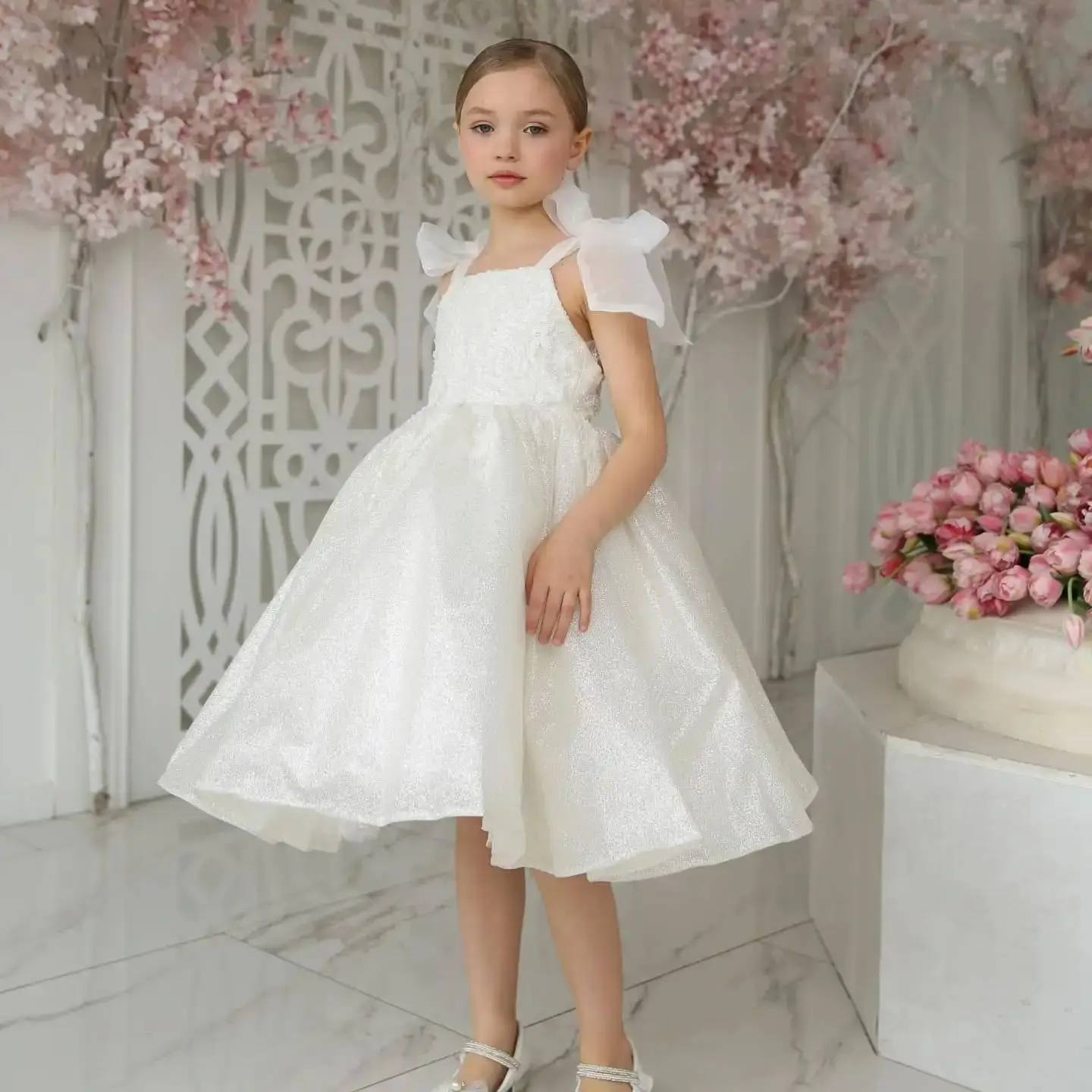 

White Little Girls Flower Girl Dresses for Wedding Customized Shiny Sequined Lace Birthday Party Dresses