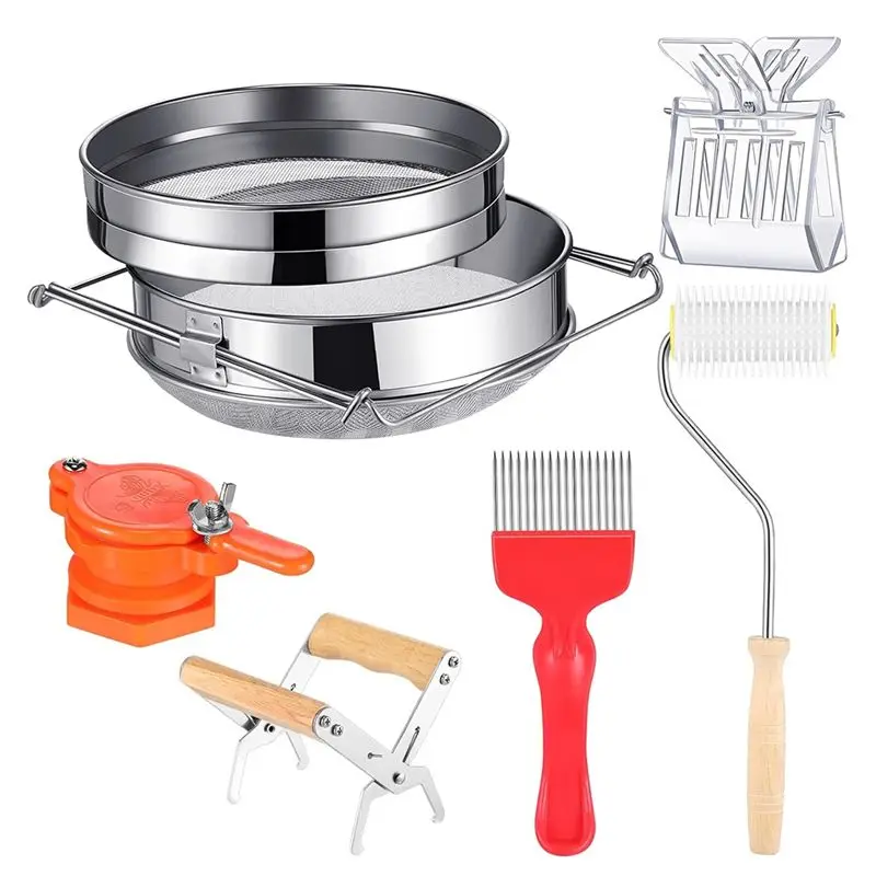 ABRE-Honey Harvesting Beekeeping Tool Set Double Sieve Honey Strainer, Frame Grip, Coverless Fork, Coverless Needle Roller