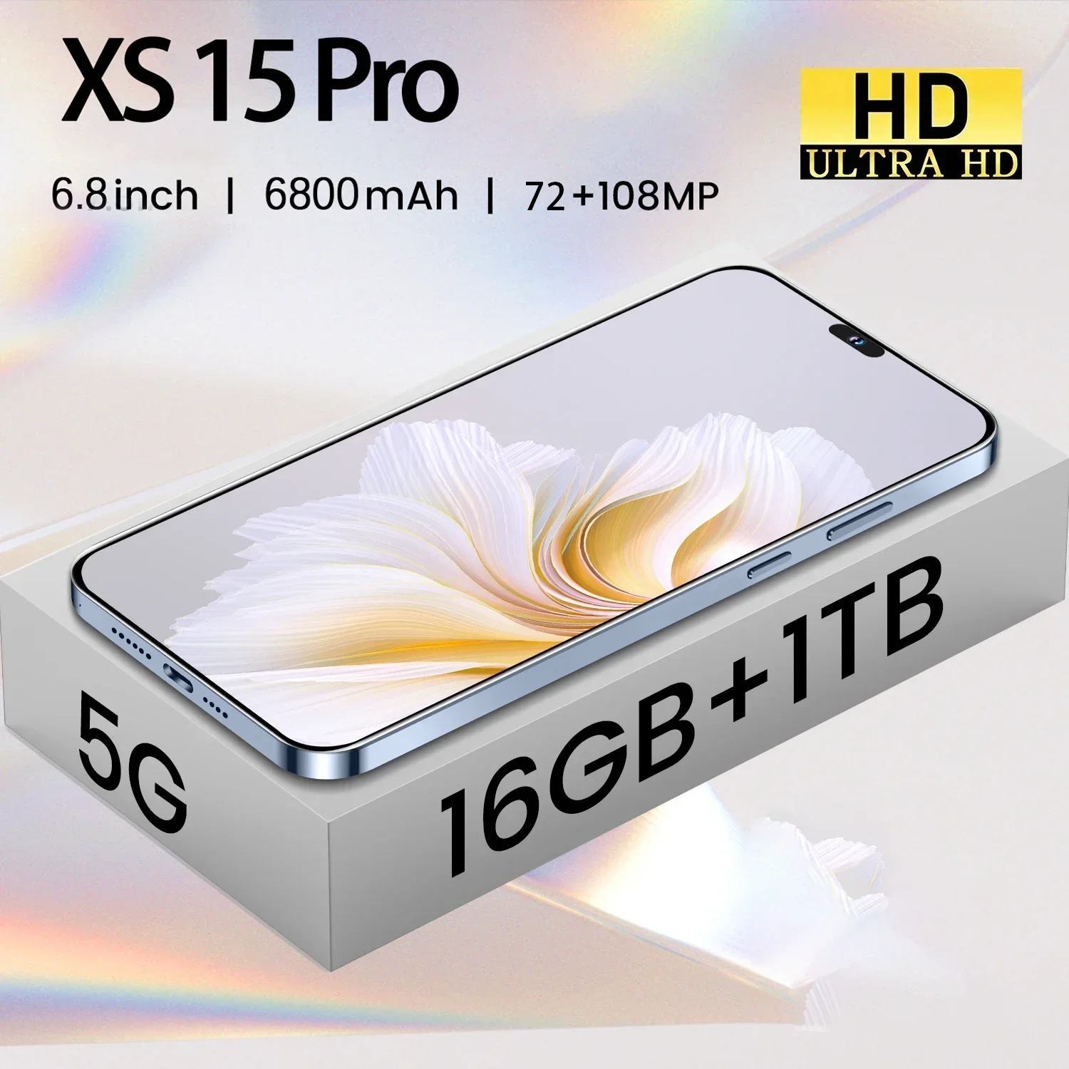 스마트폰 글로벌 버전 풀 스크린 휴대폰, 6.8 인치 XS15 프로, 4G, 5G, 6800mAh, 16GB + 1TB, 오리지널 신제품