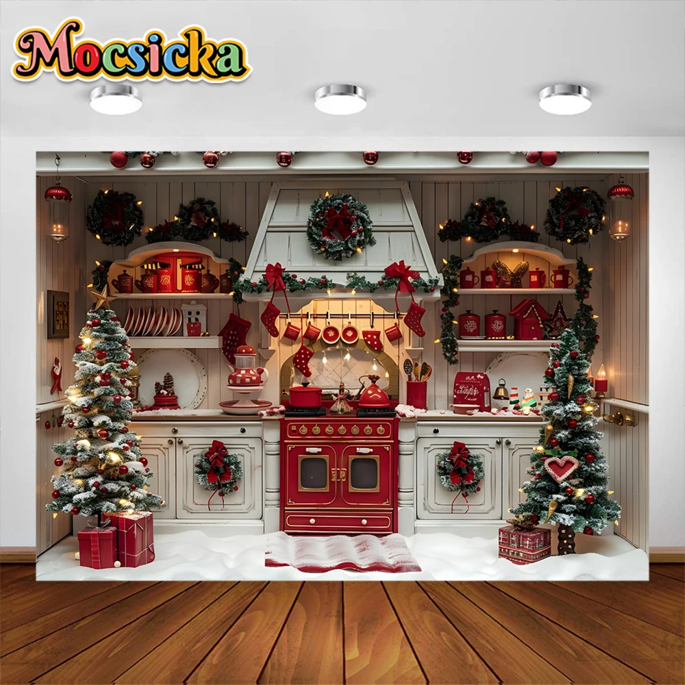 Mocsicka Christmas Kitchen Cabinets Photography Background Kid Children Portrait Party Decorations Backdrop Studio Banner