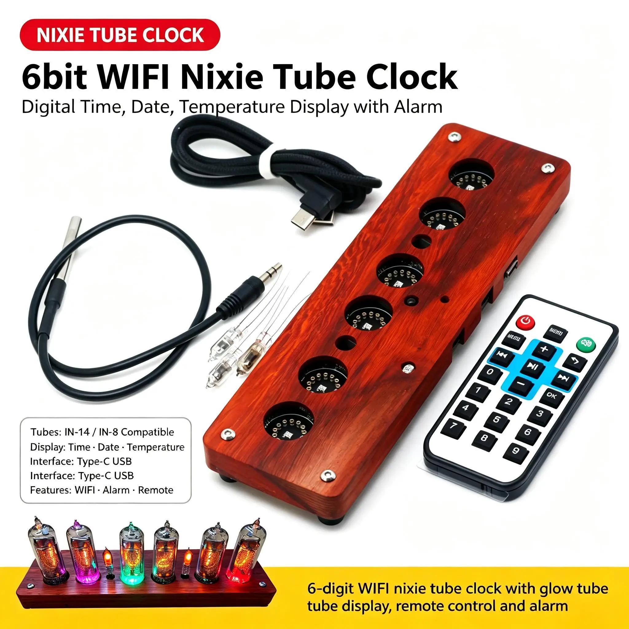 DYKB 6Bit Nixie Clock Motherboard IN14 IN8 Glow Tube Base TYPE-C USB WiFi Time Date Temperature Alarm Digital Display Module