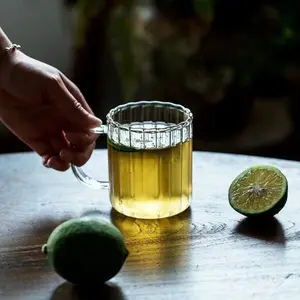 كوب ماء زجاجي مخطط مقاوم للحرارة مع مقبض ، سعة كبيرة ، إفطار ، دقيق الشوفان ، الحليب ، القهوة أعلى 6 مزهريات زجاجية كبيرة الأرضية مباعات - No5