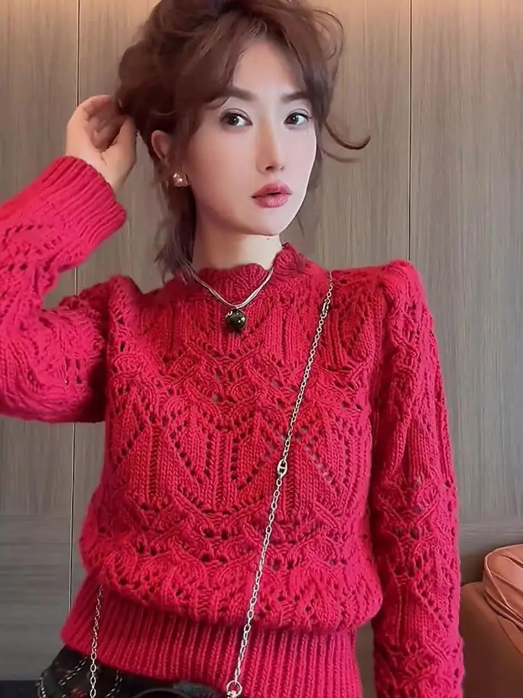 

Loose Casual Sweater Hollow Out O-Neck Knitted Jumpers Solid Sweaters Solid Sweater Autumn Winter For Women B69