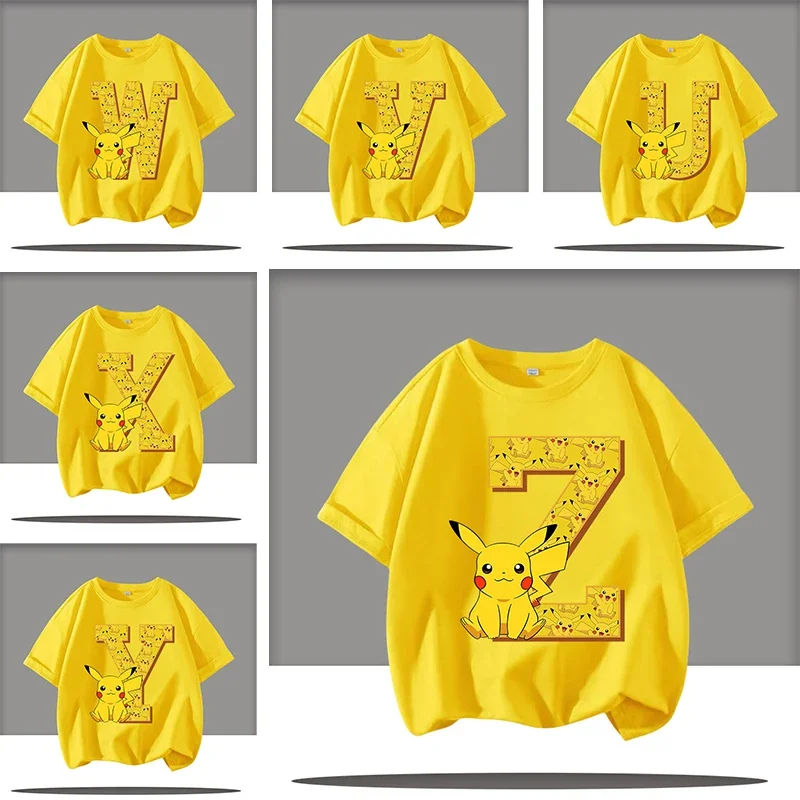 

Summer T-shirt with letter A-Z cartoon print of Pikachu, kids' round-neck short-sleeved sports shirt for boys, girls' casual top