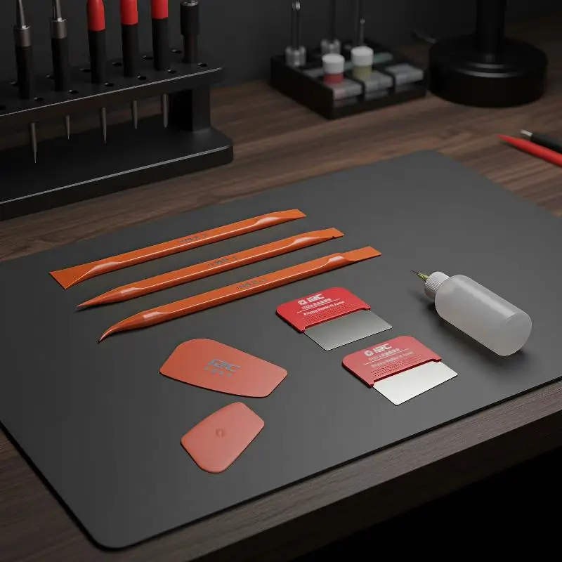 7-in-1 Screen Repair Kit, Includes 3Pcs Plastic Spudgers, 2Pcs Prying Blades, 1Pc Pry Card & 1 Plastic Liquid Bottle